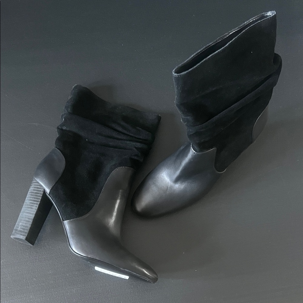 Women's Black Suede & Leather Mid-Calf High Heel Boots